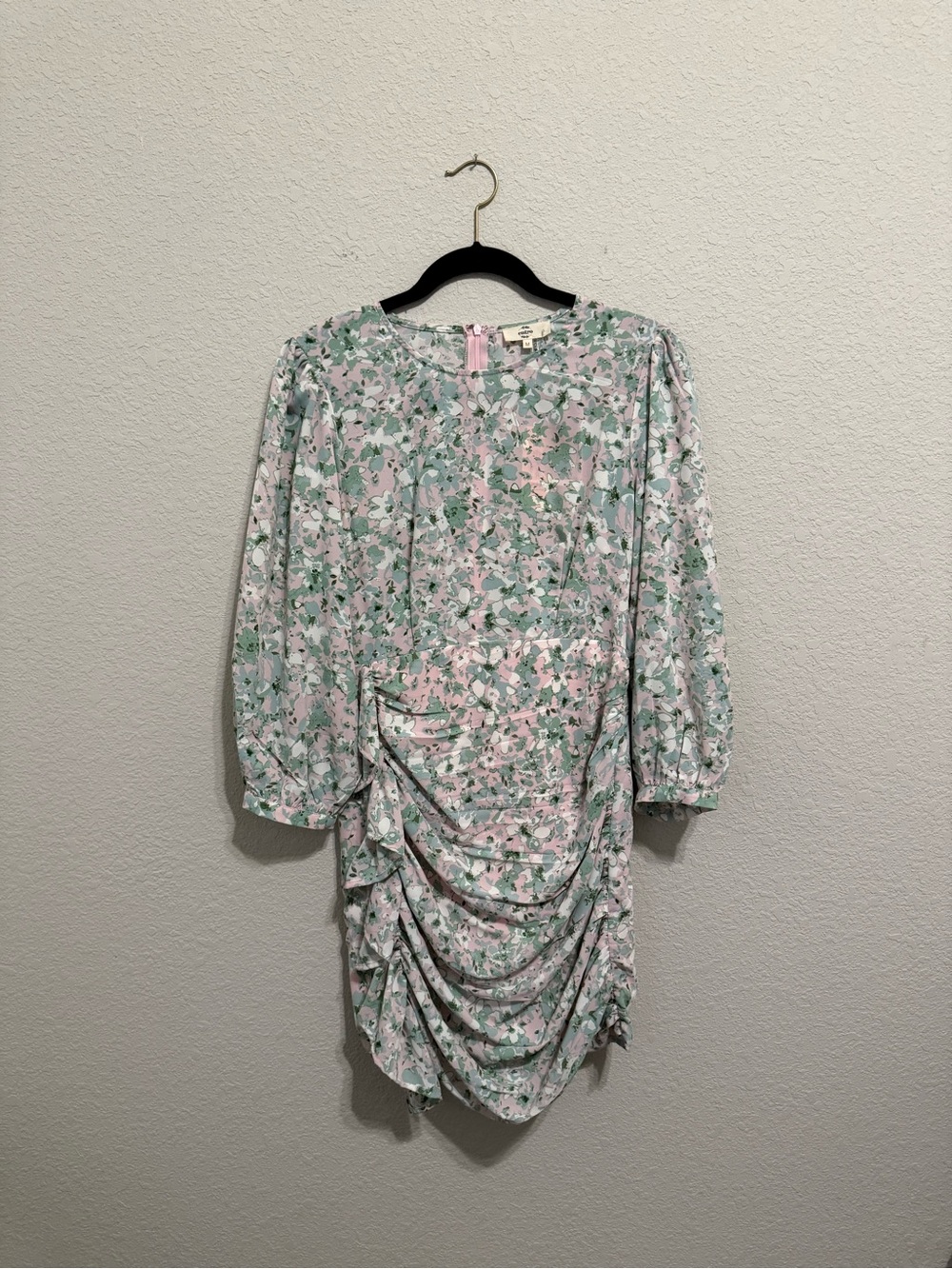 Entro |Floral Ruched Mini Dress in Pastel Pink & Green | Medium